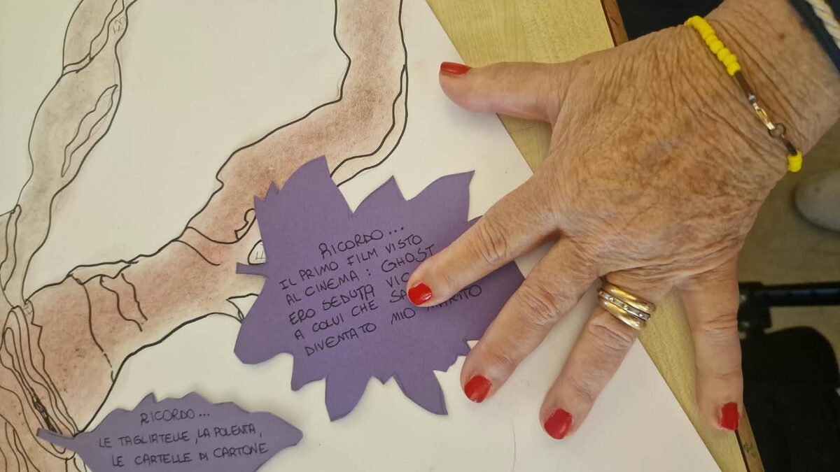 Una mano appoggiata a una foglia viola con un ricordo scritto a mano, su una mappa dell&rsquo;Italia disegnata
