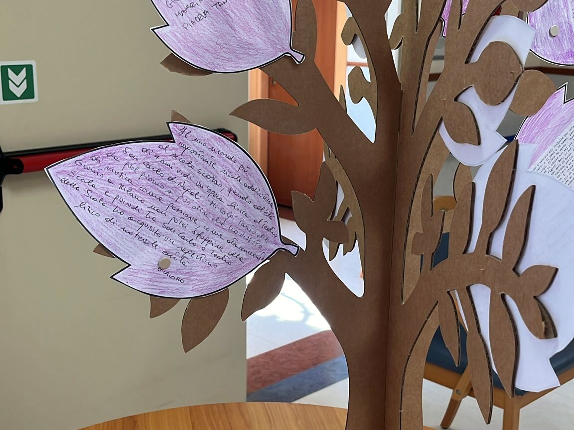 Un albero di cartone con le foglie di carta scritte a mano